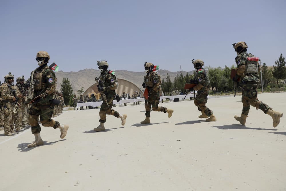 Newly Afghan Army Special forces march during their graduation ceremony after a three-month training program at the Kabul Military Training Centre (KMTC) in Kabul, Afghanistan, on July 17, 2021. (Rahmat Gul/AP)