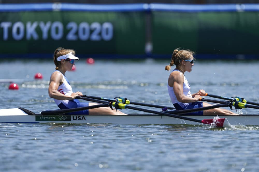 Rowers Gevvie Stone, of Newton, and Kristi Wagner, of Weston, compete in the women's double sculls semifinal at the 2020 Summer Olympics, Sunday, July 25, 2021, in Tokyo, Japan. (AP Photo/Darron Cummings)