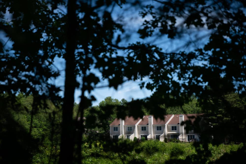 A condominium complex is seen through tress at the edge of the White Mountain National Forest where a controlled burn is planned to prevent wildfires in Conway, N.H. (Elizabeth Frantz for NPR)