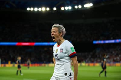 Megan Rapinoe of the USA celebrates after scoring her team's second goal during the 2019 FIFA Women's World Cup France Quarter Final match between France and USA at Parc des Princes on June 28, 2019 in Paris, France. (Richard Heathcote/Getty Images)
