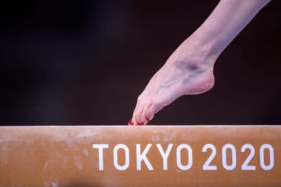 A foot of gymnast Gabriela Sasnal of Poland on the balance beam during the Artistic Gymnastics Podium Training at the Ariake Gymnastics Centre in preparation for the Tokyo 2020 Olympic Games on July 22, 2021 in Tokyo, Japan. (Tim Clayton/Corbis via Getty Images)