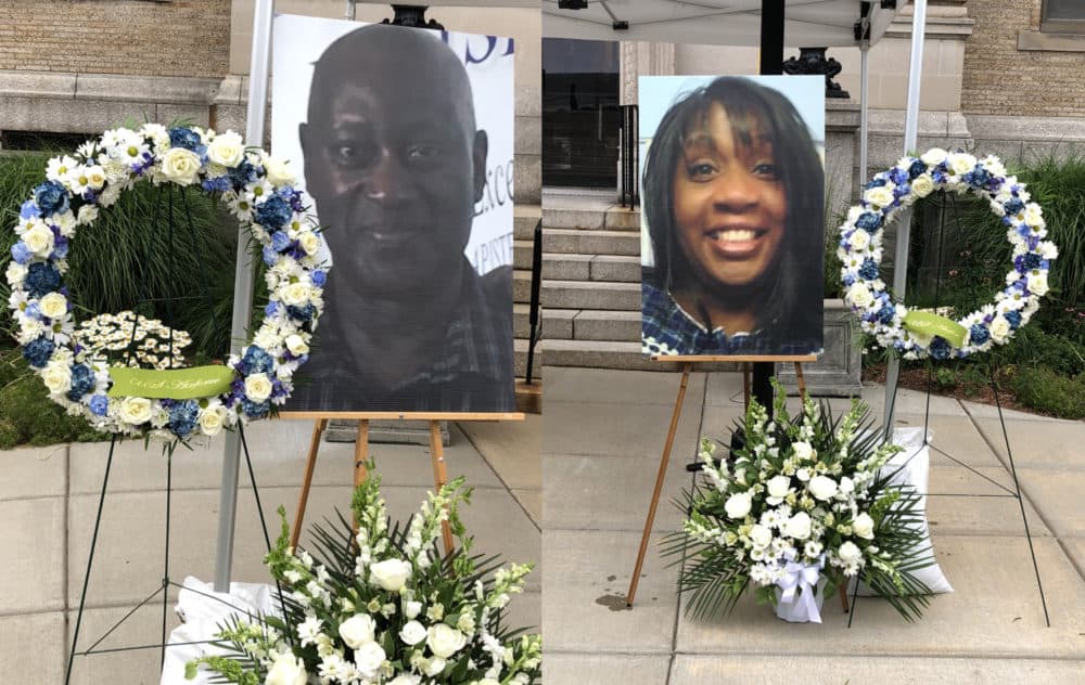 Retired State Trooper David Green, 58, and Ramona Cooper, 60, of Winthrop, were remembered by community members at a vigil on Thursday evening. Officials say they are investigating the killings as a possible hate crime. (Composite Image, Anthony Brooks/WBUR)
