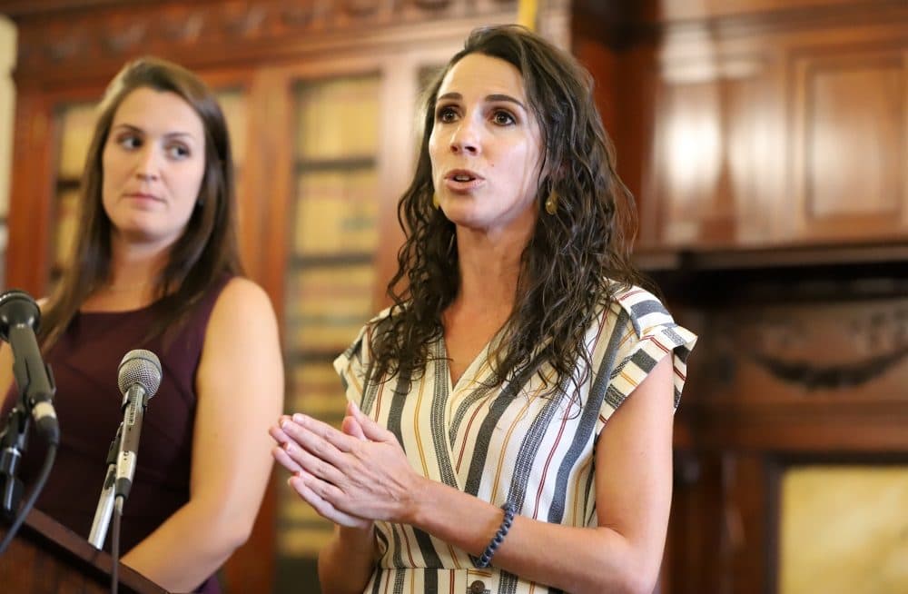 Sen. Diana DiZoglio (right), who filed legislation to increase State House employee pay and remove a waiting period legislative staffers face to access health insurance benefits, said the delayed health coverage new hires faced during the pandemic was &quot;simply unacceptable.&quot; (Sam Doran/SHNS)