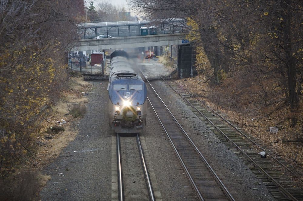 An Amtrak train barrels down the tracks in the Somerville-Medford area. (Jesse Costa/WBUR)