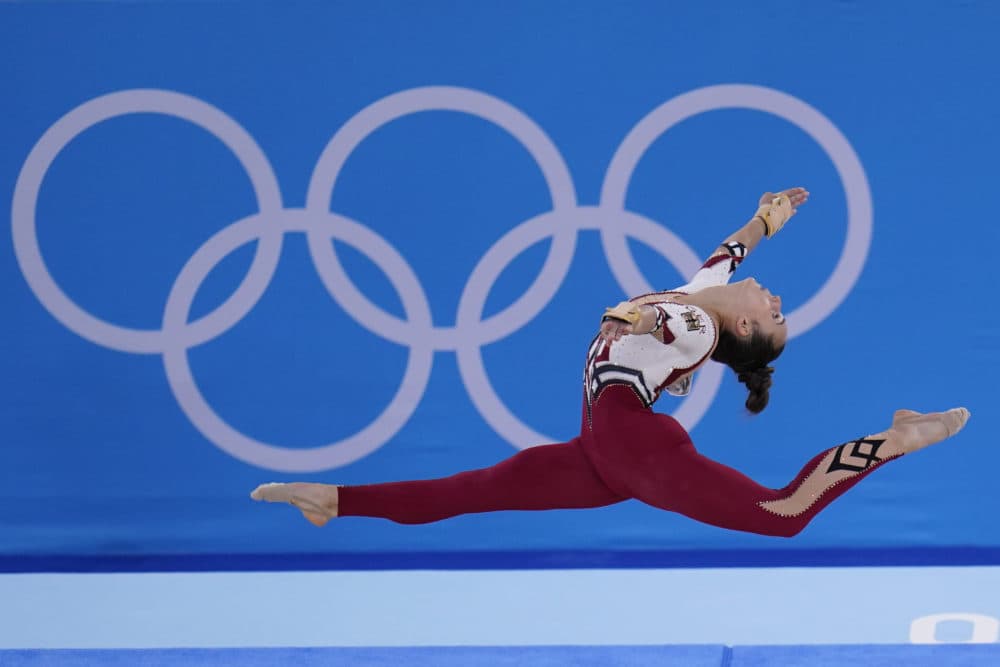 Pauline Schaefer-Betz, of Germany, performs her floor exercise routine during the women's artistic gymnastic qualifications at the 2020 Summer Olympics, in Tokyo. (Gregory Bull/AP)