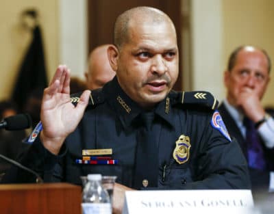 U.S. Capitol Police Sgt. Aquilino Gonell testifies during a House select committee hearing on the Jan. 6 attack on Capitol Hill in Washington, Tuesday, July 27, 2021. (Jim Bourg/Pool via AP)