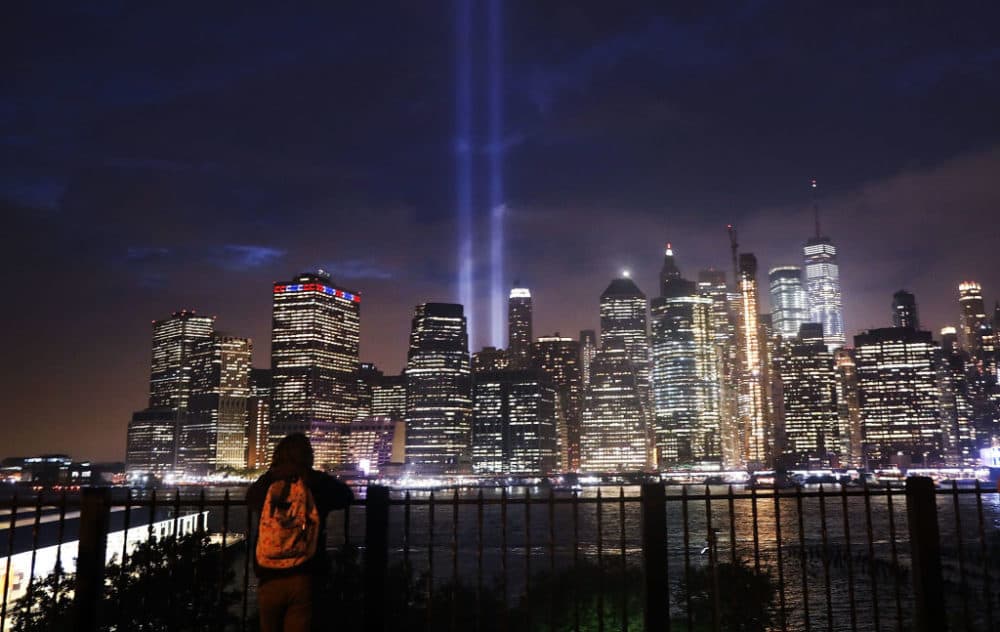 The 'Tribute in Light' memorial lights up lower Manhattan near One World Trade Center on September 11, 2018 in New York City. (Spencer Platt/Getty Images)
