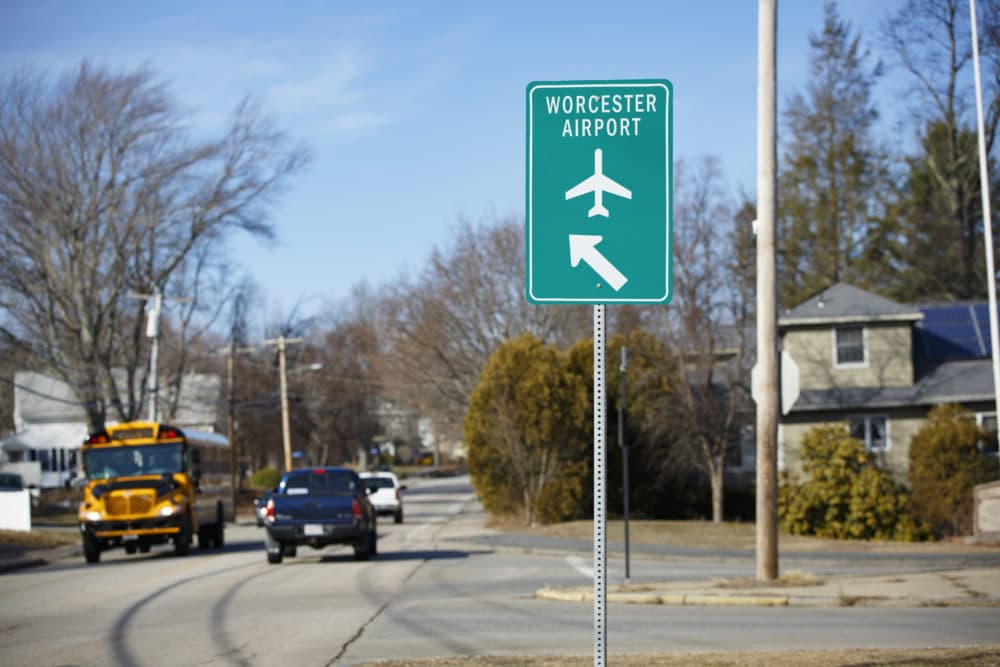 A sign points toward Worcester Airport in on Mar. 1, 2016. (Dina Rudick/The Boston Globe via Getty Images)