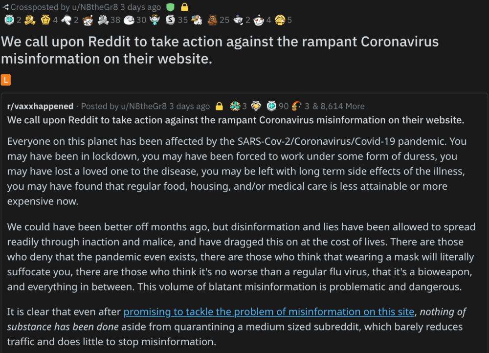 Screen shot of the open letter from moderators to Reddit administrators, calling on them to take stronger action against misinformation on the platform.