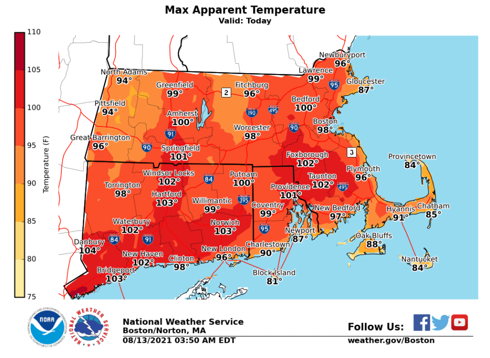 Max apparent temperatures are shown for the region on Friday. (Courtesy National Weather Service Boston)