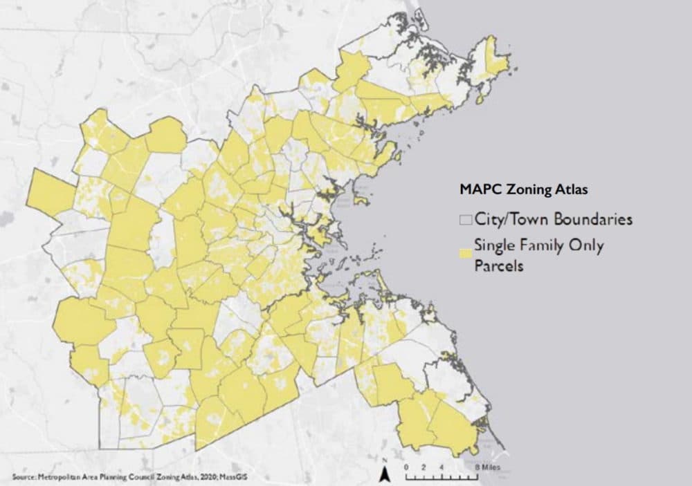 Large swaths of the greater Boston area remain zoned for single-family residences only, a trend that researchers say in a new report leaves the concept of &quot;15-minute neighborhoods&quot; out of reach for many Massachusetts residents. (Courtesy Boston Indicators)