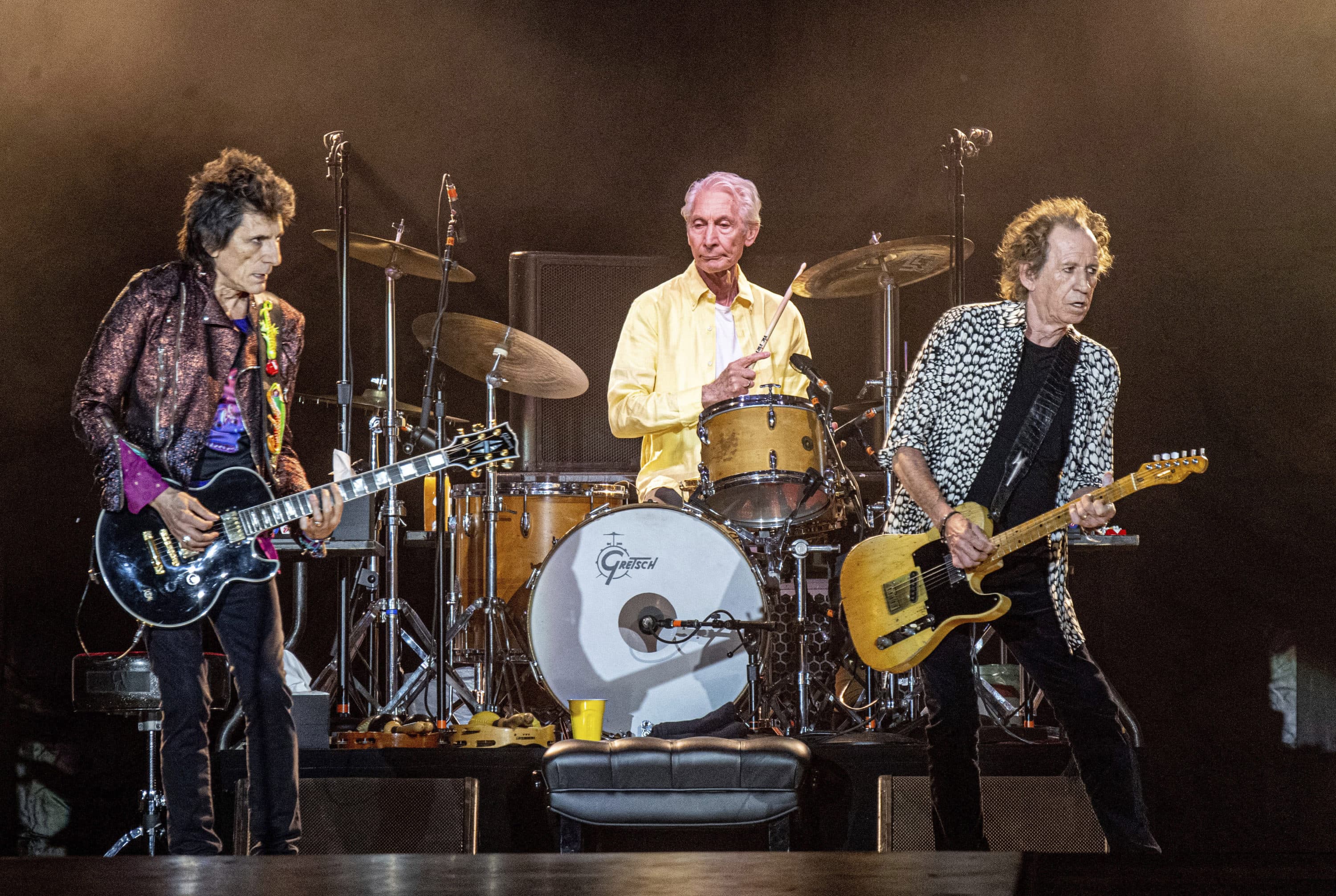 From left, Ronnie Wood, Charlie Watts and Keith Richards of The Rolling Stones perform on July 15, 2019, in New Orleans. Watts' publicist, Bernard Doherty, said Watts passed away peacefully in a London hospital surrounded by his family on Tuesday, Aug. 24, 2021. He was 80. (Amy Harris/Invision/AP)
