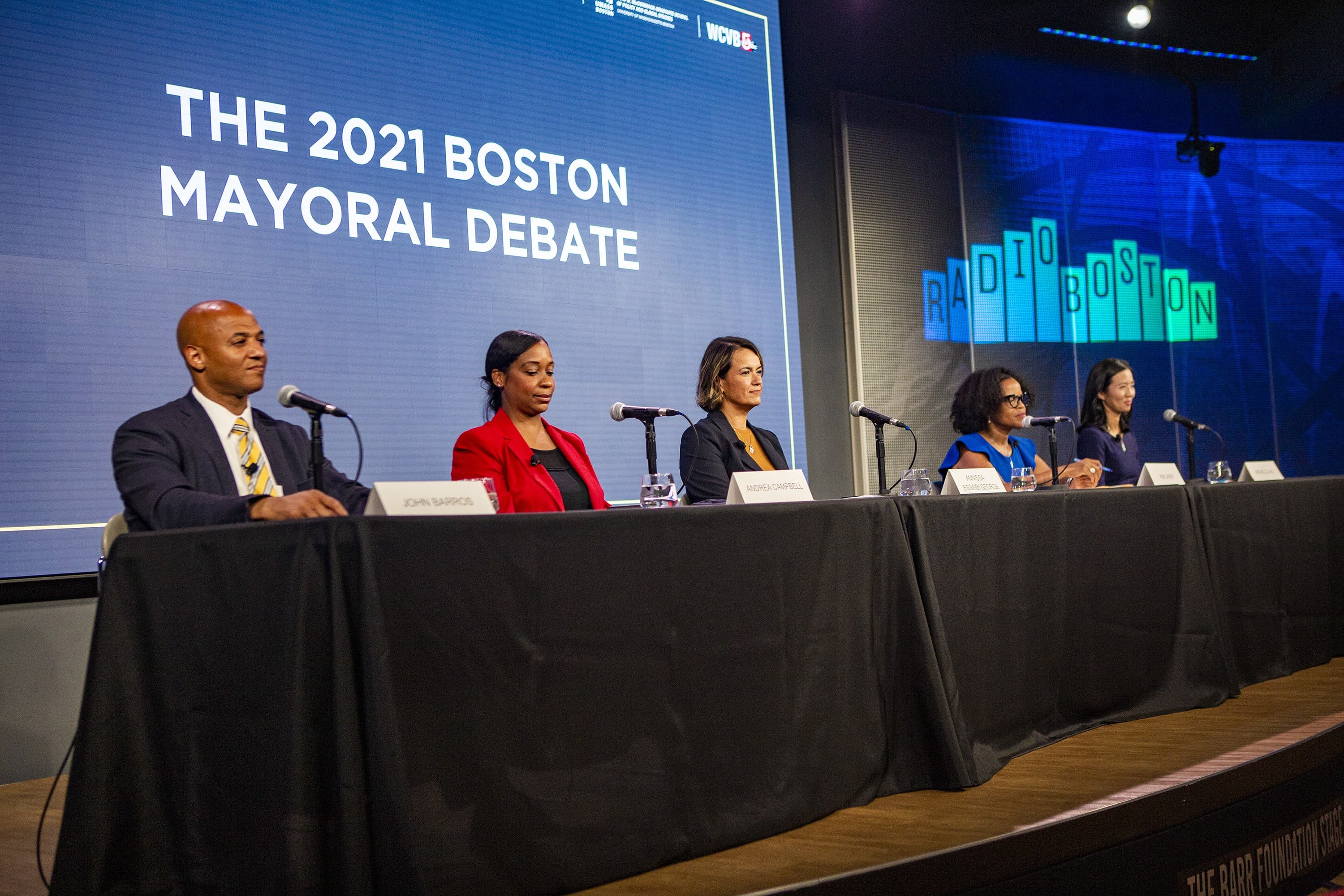 The candidates for mayor of Boston prepare for the debate at WBUR's CitySpace. (Jesse Costa/WBUR)