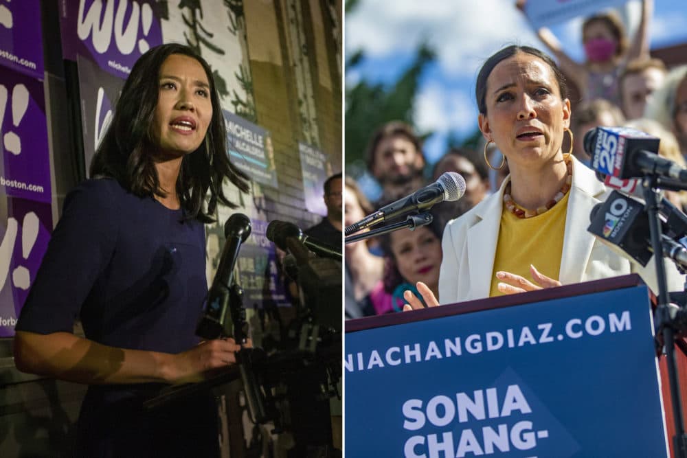 Michelle Wu, candidate for mayor of Boston, left, and gubernatorial candidate Sonia Chang-Diaz. (Jesse Costa/WBUR)