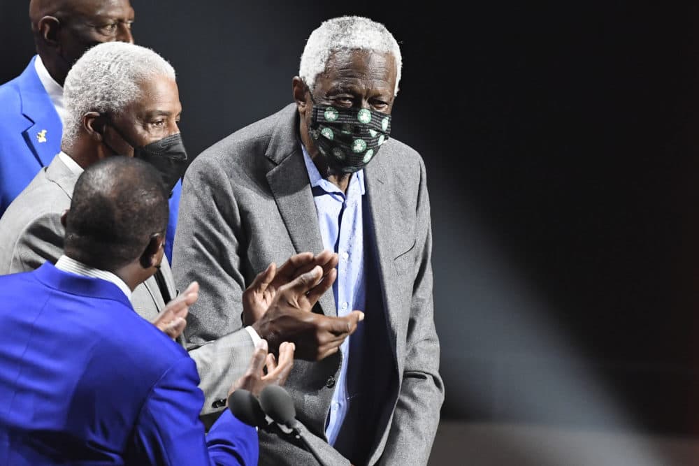 The late Bill Russell stands on stage during the 2021 Basketball Hall of Fame Enshrinement ceremony. He died July 31, 2022. (Jessica Hill/AP)