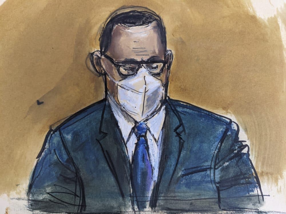 In this courtroom sketch, R. Kelly listens as the jury foreperson reads the verdict, Monday, Sept. 27, 2021, in New York. The R&B singer was convicted in a sex trafficking trial after decades of avoiding criminal responsibility for numerous allegations of misconduct with young women and children. (Elizabeth Williams/AP)
