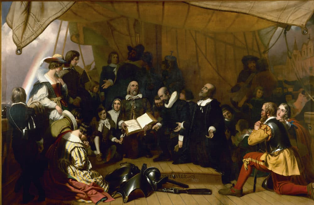 In the painting, &quot;The Embarkation of the Pilgrims,&quot; by Robert W. Weir, Myles Standish and his wife, Rose, are on the far right, in the foreground. (Wikimedia Commons)