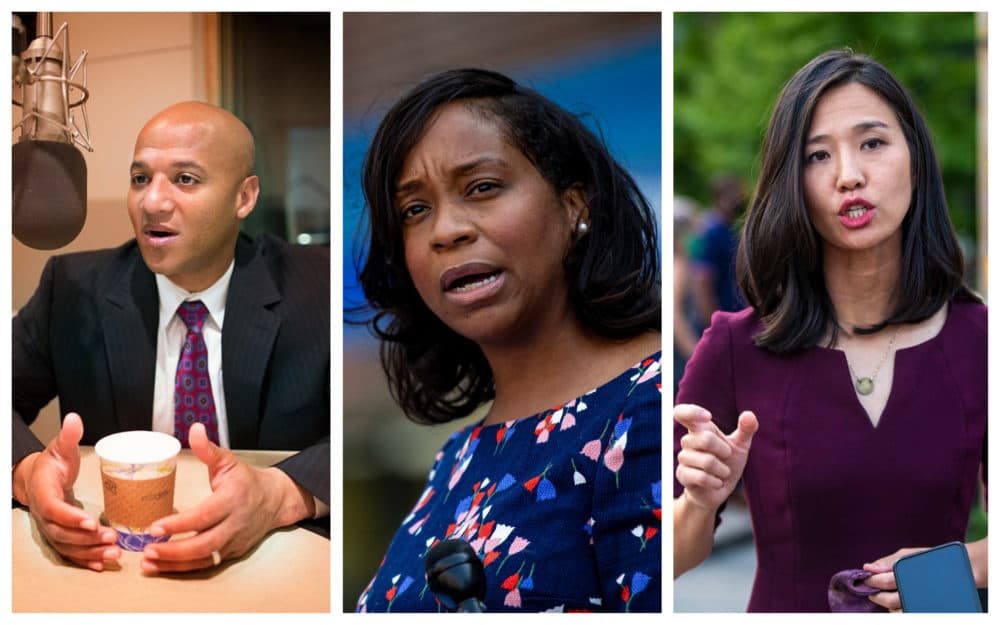 Boston mayoral candidates John Barros, Andrea Campbell and Michelle Wu. (Jesse Costa/WBUR)