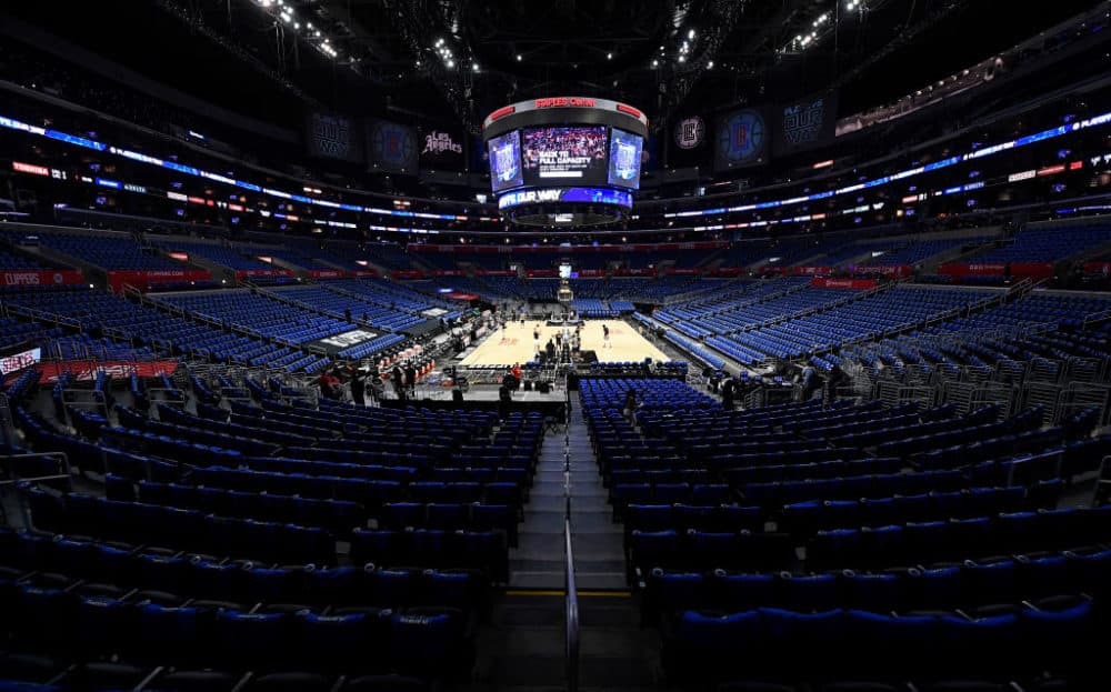 Blue shirts cover the stadium seats as the Los Angeles Clippers will have their first full capacity game since the start of the pandemic for Game Six of the Western Conference second-round playoff series against Utah Jazz at Staples Center on June 18, 2021 in Los Angeles, California. (Kevork Djansezian/Getty Images)