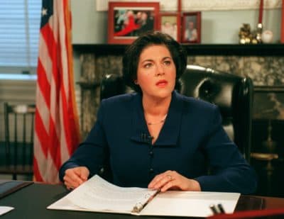 Acting Gov. Jane Swift gives a televised speech about security in Boston and Logan Airport from her office in the Mass. State House in October 2001. (Evan Richman/The Boston Globe via Getty Images)