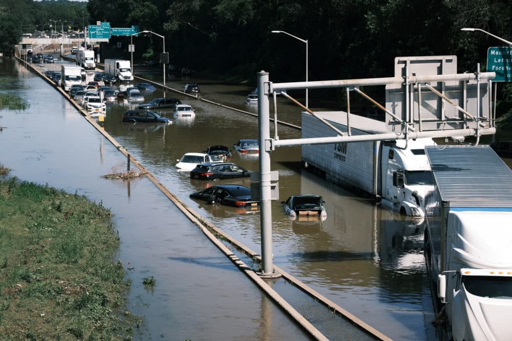 Cars sit abandoned on the flooded Major Deegan Expressway in the Bronx following a night of heavy wind and rain from the remnants of Hurricane Ida on Sept. 02, 2021 in New York City. (Spencer Platt/Getty Images)