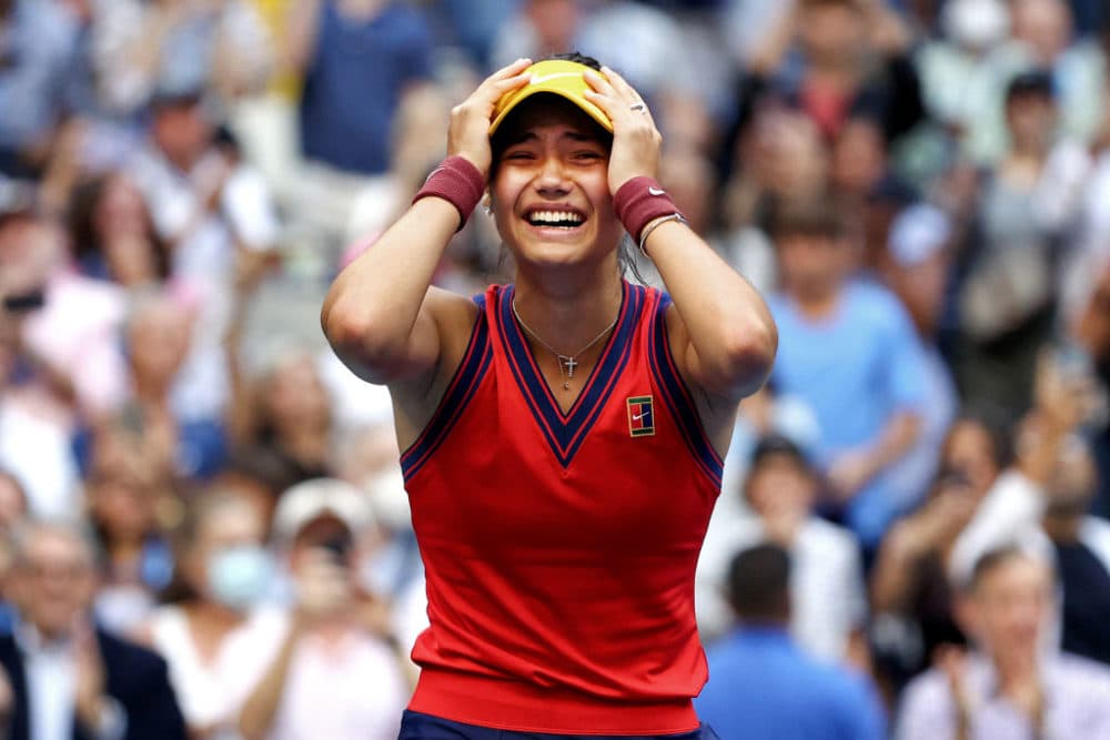 Emma Raducanu of Great Britain celebrates winning match point to defeat Leylah Annie Fernandez of Canada during the second set of their Women's Singles final match of the 2021 U.S. Open. (Elsa/Getty Images)