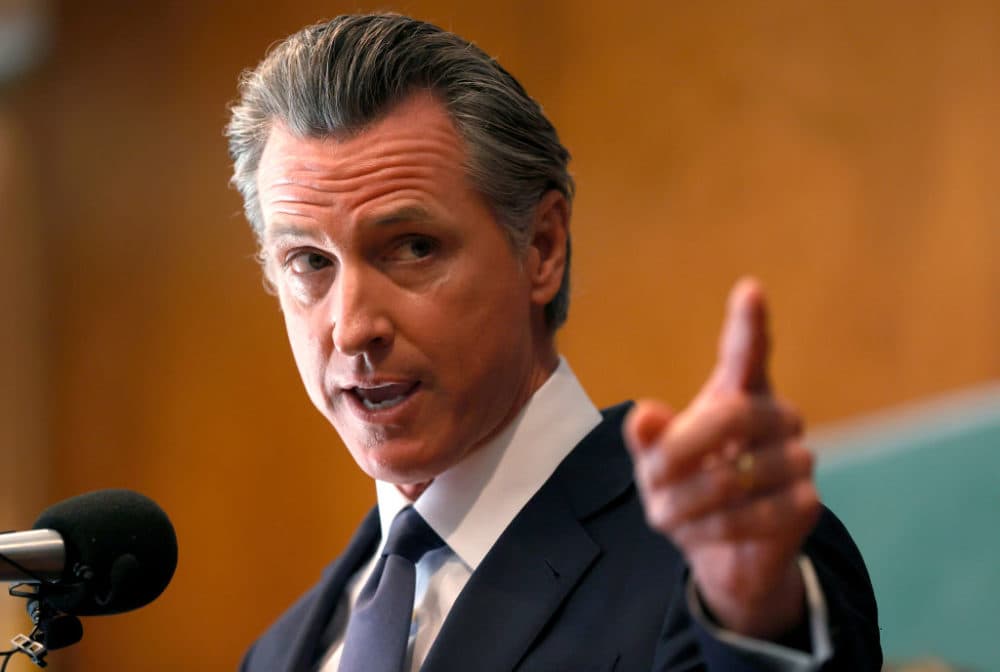 California Gov. Gavin Newsom speaks to union workers and volunteers on election day at the IBEW Local 6 union hall on September 14, 2021 in San Francisco, California. (Justin Sullivan/Getty Images)