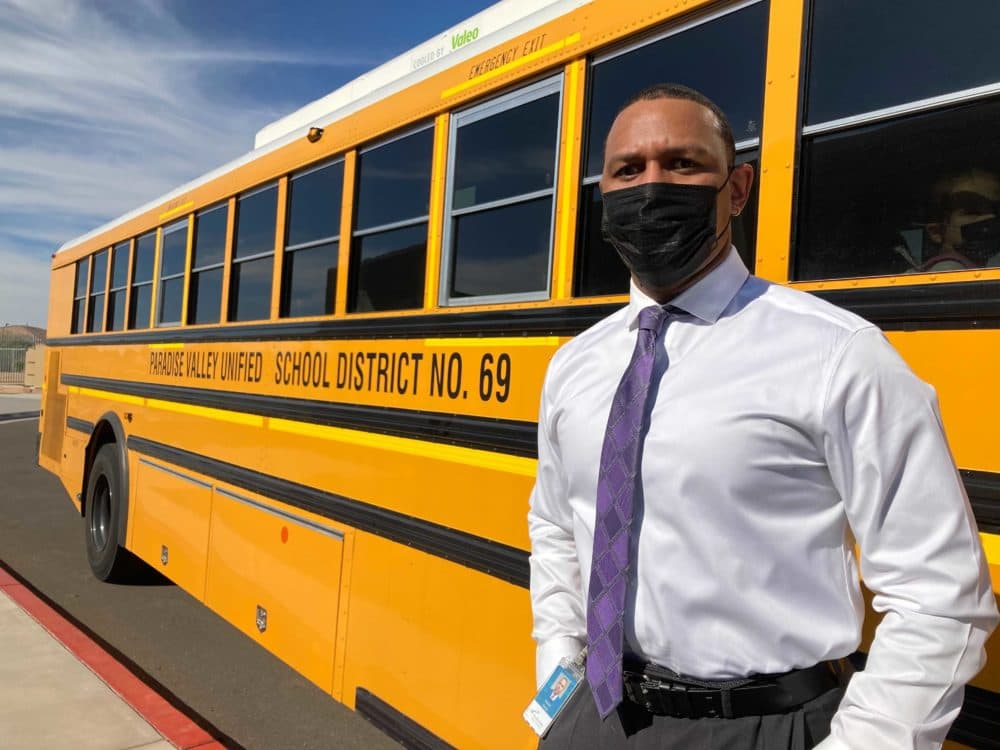 Brandon George is transportation director for the Paradise Valley Unified School District in Phoenix. PVUSD is short nearly 40 bus drivers at the start of the school year. (Peter O'Dowd/Here & Now)