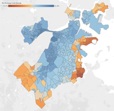 This map compares the performance of Michelle Wu and Annissa Essaibi George in each precinct during Tuesday's preliminary election. (Courtesy MassINC Polling Group)