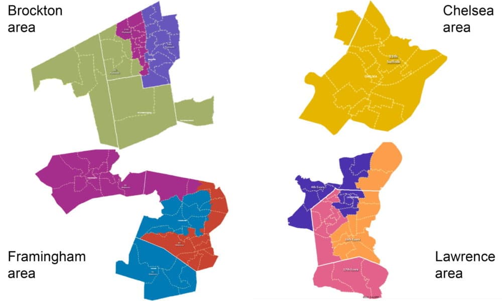 Maps illustrate proposed House redistricting changes in the Brockton, Chelsea, Framingham, and Lawrence areas where leaders have proposed four incumbent-free majority-minority districts. (Special Joint Committee on Redistricting)