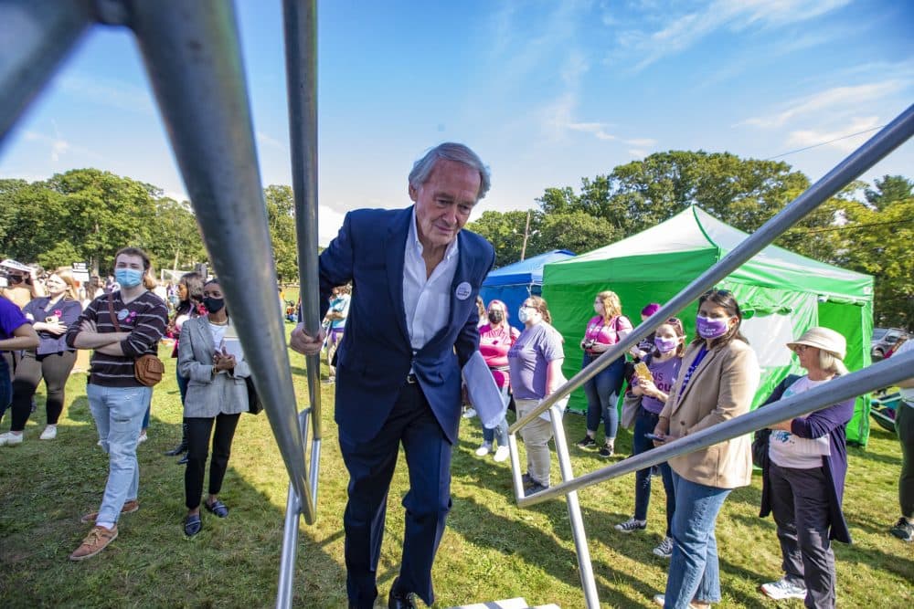 U.S. Senator for Mass. Edward Markey climbs the stairs to the stage before speaking at the Abortion Rights Rally at. the Franklin Park Playstead where at least 1000 people gathered to rally as part of nationwide protests happening to defend abortion rights. (Jesse Costa/WBUR)