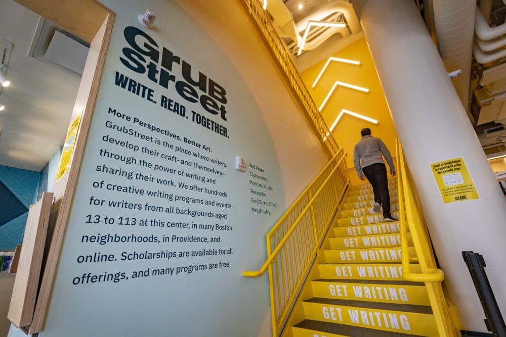 The stairwell entrance to GrubStreets' home in the Seaport. (Jesse Costa/WBUR)