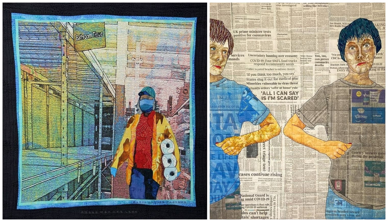 Left to right: Patti Louise Pasteur's &quot;There Was One Left&quot; and Patricia Kumicich's &quot;Social Distancing.&quot; (Courtesy New England Quilt Museum)