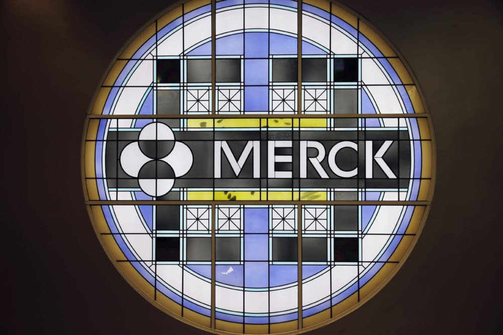 This 2014 file photo shows the Merck logo on a stained glass panel at a Merck company building in Kenilworth, N.J. (Mel Evans/AP File)
