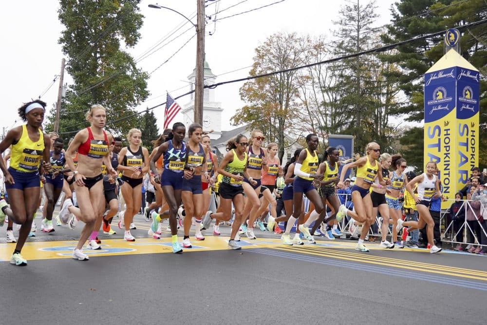 The elite women break from the starting line of the 125th Boston Marathon. (Mary Schwalm/AP)