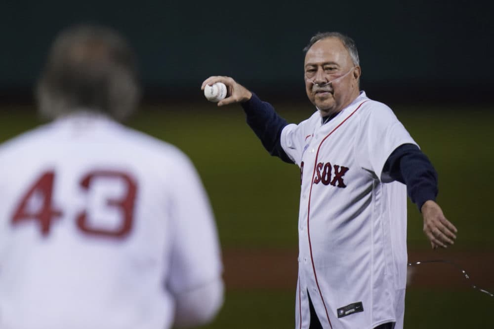 Former Boston Red Sox player Jerry Remy throws a ceremonial first pitch to former Red Sox pitcher Dennis Eckersley at Fenway Park on Oct. 5, 2021. (Charles Krupa/AP)