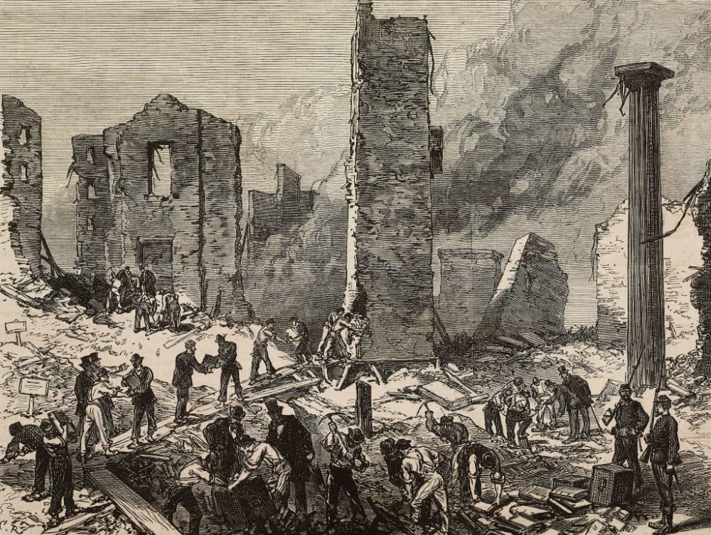 Recovering valuables from bank vaults after the Great Chicago Fire. Engraving from The Illustrated London News, No 1678, on Nov. 11, 1871. (Getty Images)