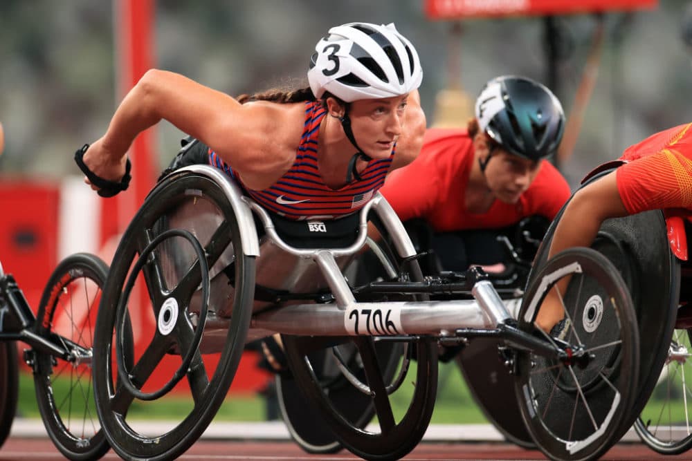 Tatyana McFadden of the United States competes in her women's 1500m T54 heat on day 6 of the Tokyo 2020 Paralympic Games at Olympic Stadium on August 30, 2021 in Tokyo, Japan. (Carmen Mandato/Getty Images)