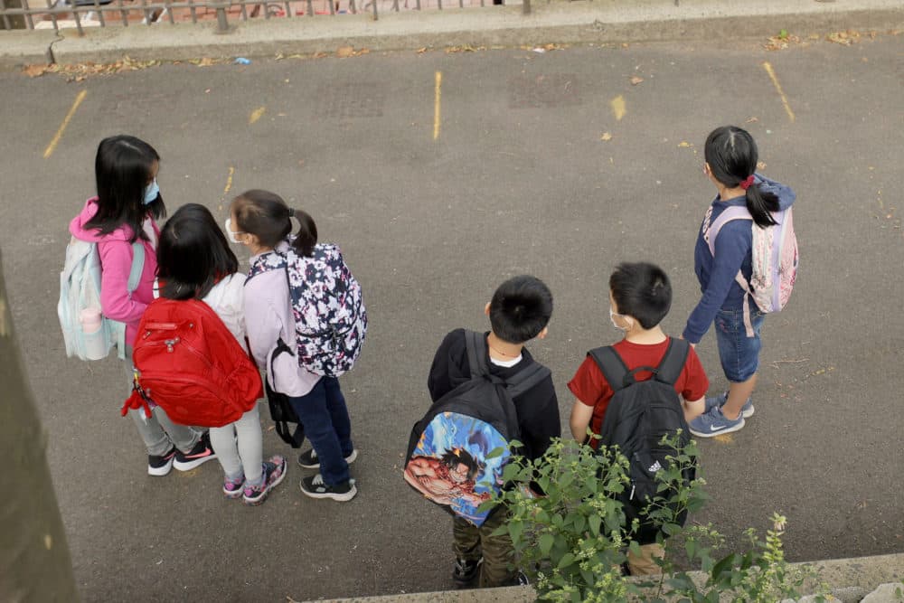 Students line up in the morning at Yung Wing School P.S. 124 on September 27, 2021 in New York City. (Michael Loccisano/Getty Images)