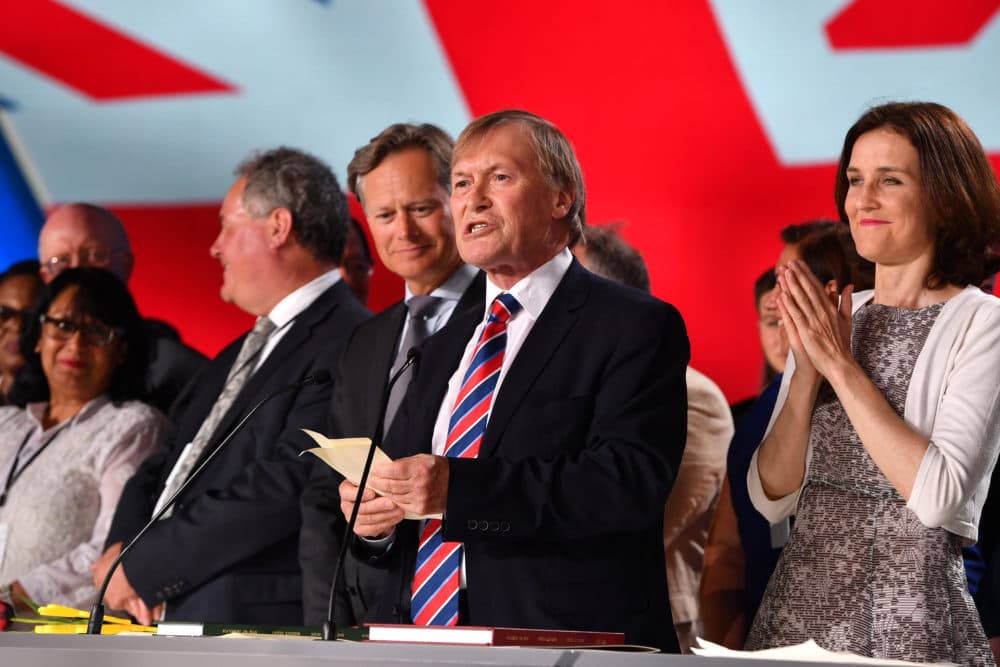 Sir David Amess speaks as the British delegation appear on stage during the Conference In Support Of Freedom and Democracy In Iran on June 30, 2018 in Paris, France. (Anthony Devlin/Getty Images)