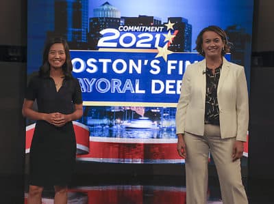Boston City Councilors Annissa Essaibi George, right and Michelle Wu before their final live debate before the November 2 election for Boston Mayor at WCVB television studio in Needham on Oct. 25. (Matthew J Lee/Boston Globe)