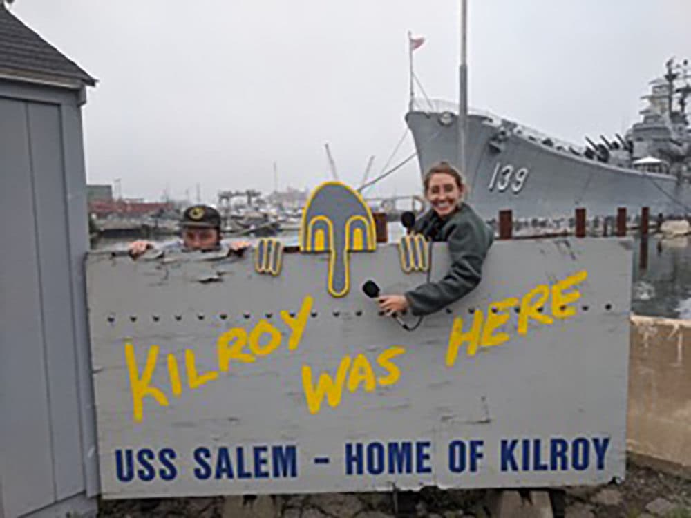 Ben and Amory at the Fore River Shipyard in Quincy, Massachusetts, which is believed to be where the famous WWII phrase &quot;Kilroy was here&quot; originated.