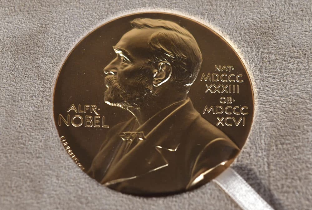 A 2020 file photo of a Nobel medal displayed during a ceremony in New York. (Angela Weiss/Pool Photo via AP)