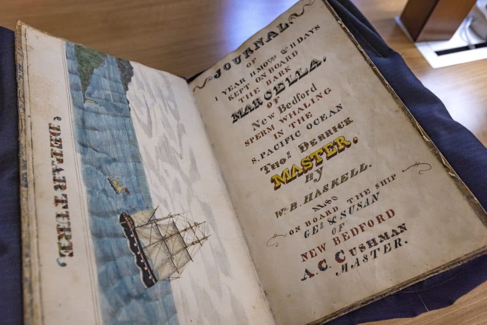 The log book of the whaling vessel Marcella out of New Bedford at the Providence Public Library, which owns one of the five largest collections of whaling log books in the country. (Jesse Costa/WBUR)