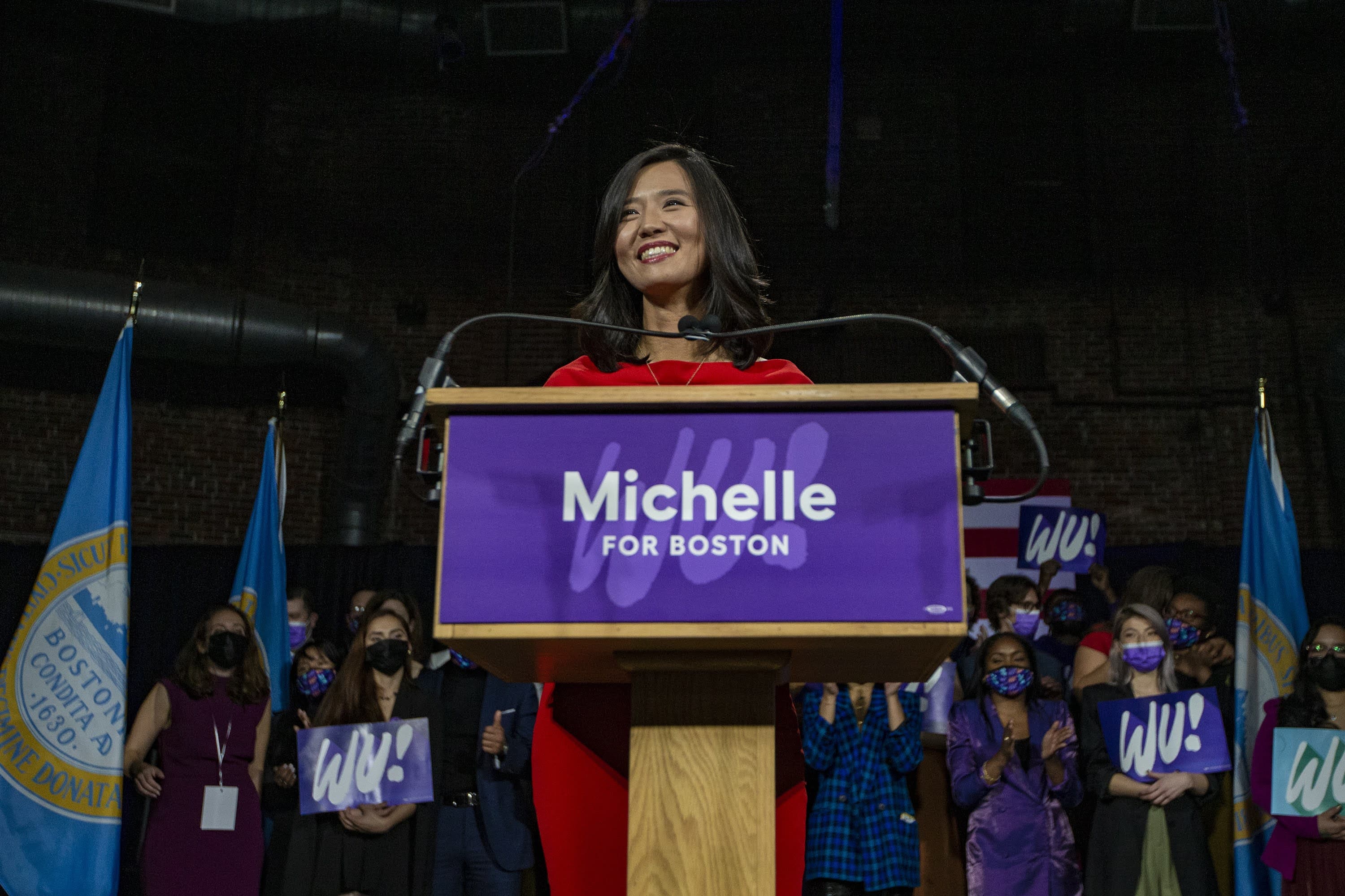 Michelle Wu smiles as she speaks to supporters after winning the election to be Mayor of Boston. (Jesse Costa/WBUR)