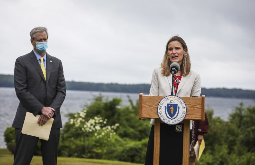 Energy and Environmental Affairs Secretary Kathleen Theoharides speaks during a press conference at Assawompsett Pond in Middleborough in 2020. Theoharides will be attending the COP26 climate conference in Glasgow this weekend. (Erin Clark/The Boston Globe via Getty Images)