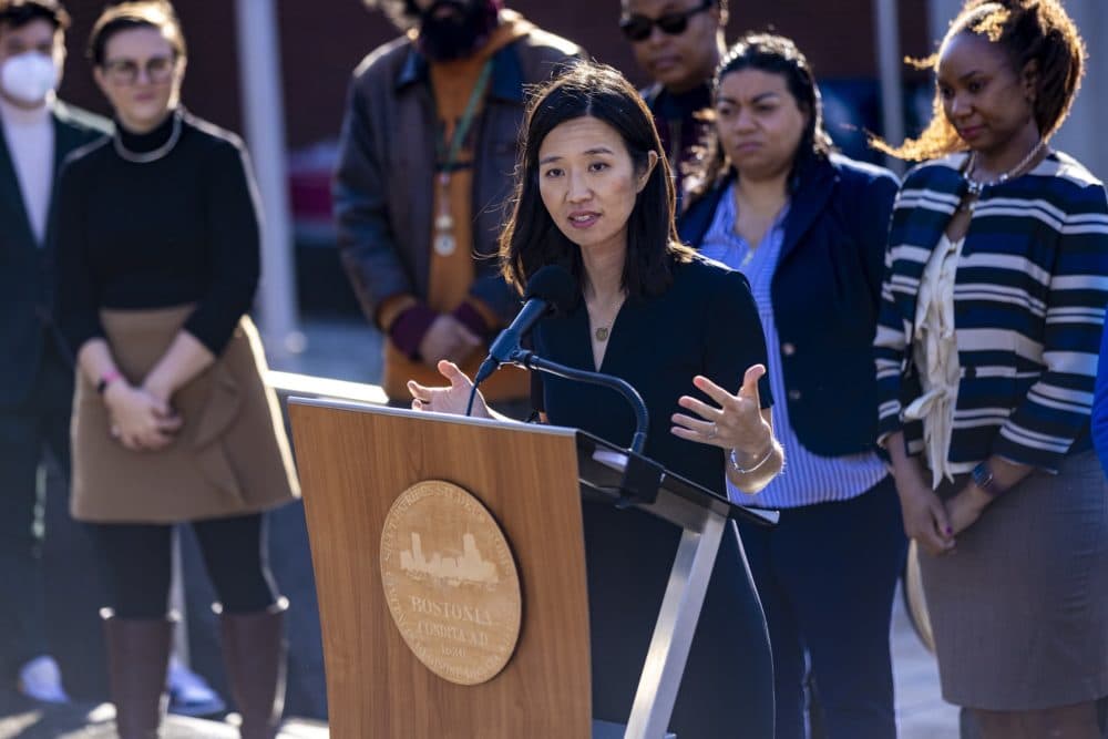 Mayor Michelle Wu addresses news media at Ashmont Station in November 2021. (Jesse Costa/WBUR)
