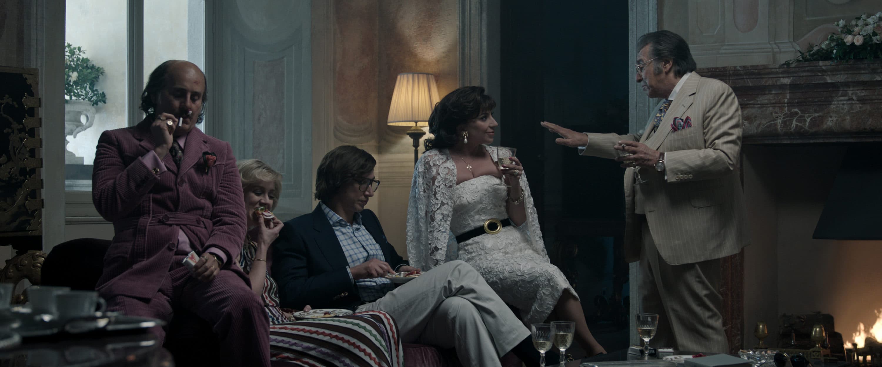 Left to right: Jared Leto as Paolo Gucci, Florence Andrews as Jenny Gucci, Adam Driver as Maurizio Gucci, Lady Gaga as Patrizia Reggiani and Al Pacino as Aldo Gucci in Ridley Scott’s &quot;House of Gucci.&quot; (Courtesy Metro Goldwyn Mayer Pictures Inc.)