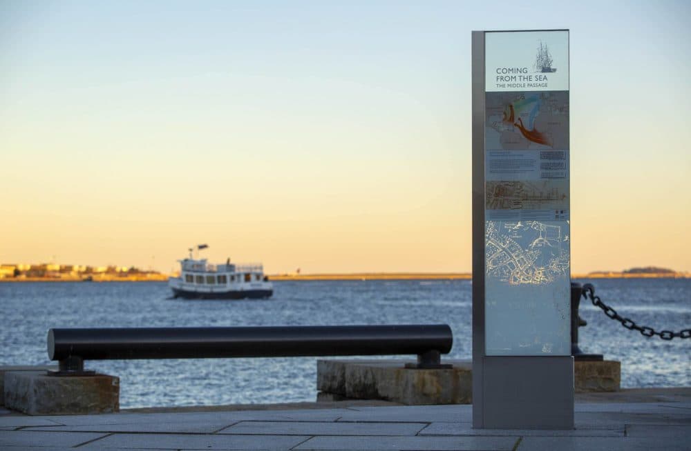 The Middle Passage port marker at the end of Long Wharf in Boston. (Robin Lubbock/WBUR)
