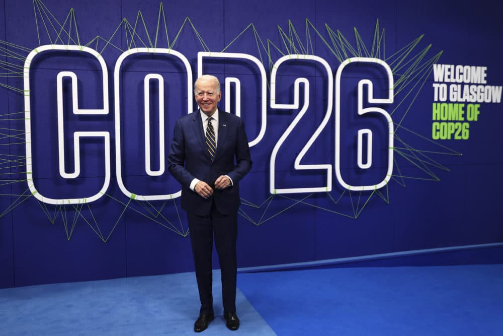 President Joe Biden arrives at the COP26 U.N. Climate Summit in Glasgow, Scotland, on Nov. 1, 2021. (Adrian Dennis/AP)